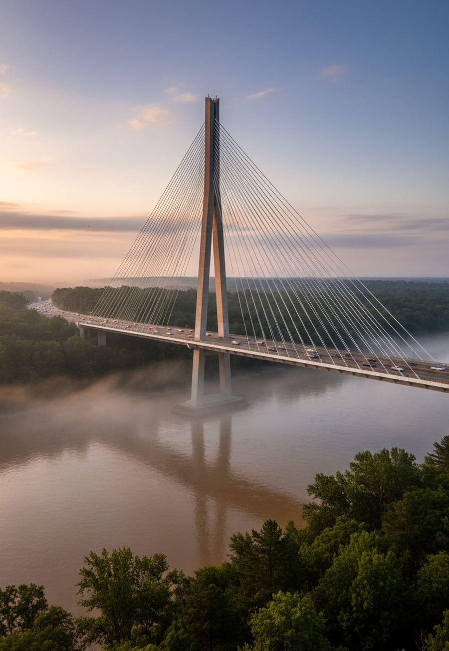 A cable-stayed bridge with one tall pylon crosses a wide brown river in morning fog between wooded riverbanks