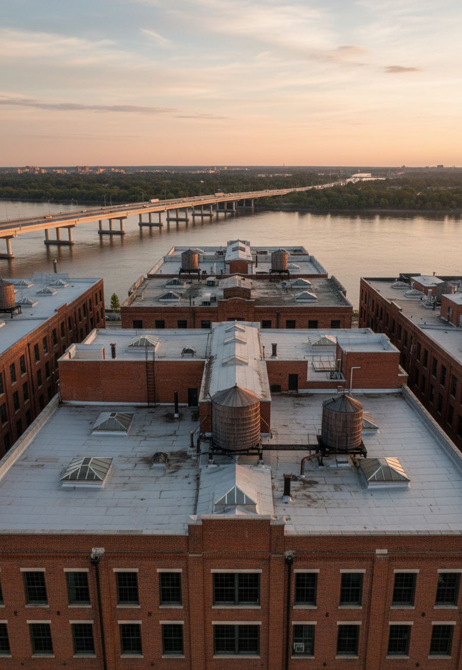 Flat roofs of old brick warehouses with wooden water tanks, a wide river and a long low bridge beyond at sunset