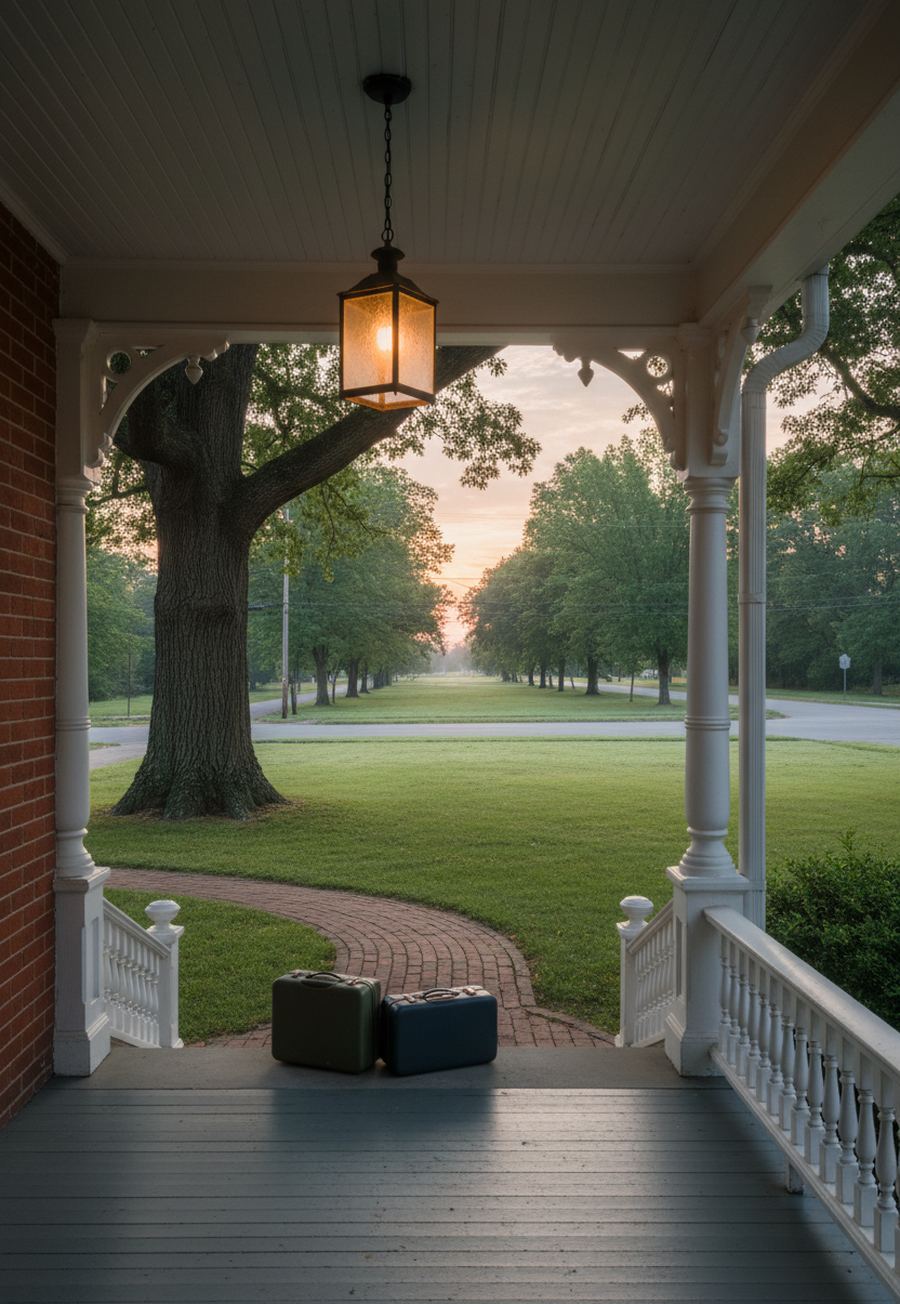 Two vintage suitcases at the top of white porch steps under a glowing lantern, a brick path and tree-lined street beyond