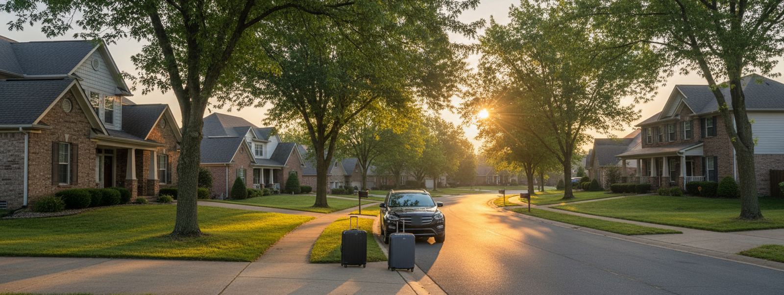 A dark SUV parked on a tree-lined suburban street at sunrise, two suitcases on the sidewalk beside brick houses and lawns