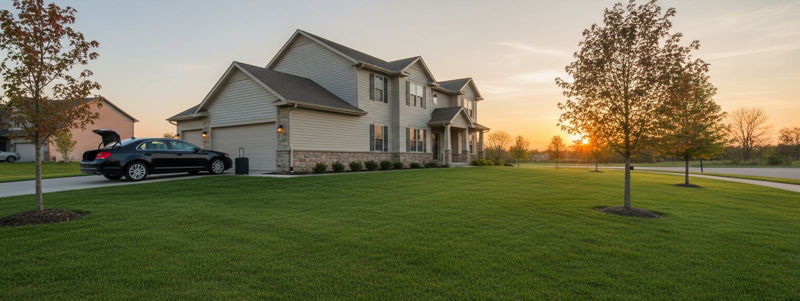 A black sedan with an open trunk and a suitcase in the driveway of a large suburban house at sunset