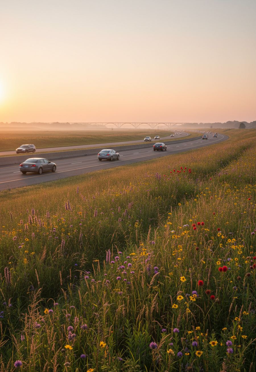 Cars on a divided highway curving through prairie grass and wildflowers in hazy sunrise light