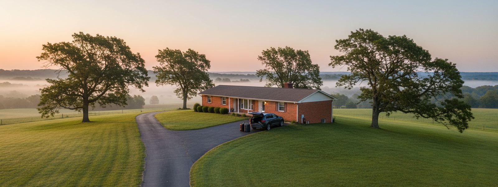 A red brick ranch house among tall trees on misty fields at dawn, a dark SUV with open hatch and suitcases on the driveway