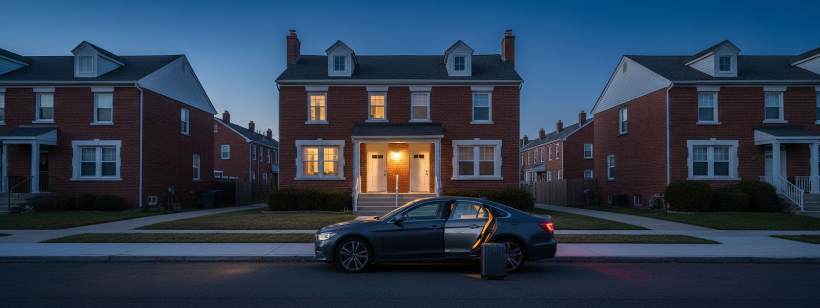 A dark sedan with its rear door open waits at the curb before dawn, a suitcase beside it, in front of lit brick houses
