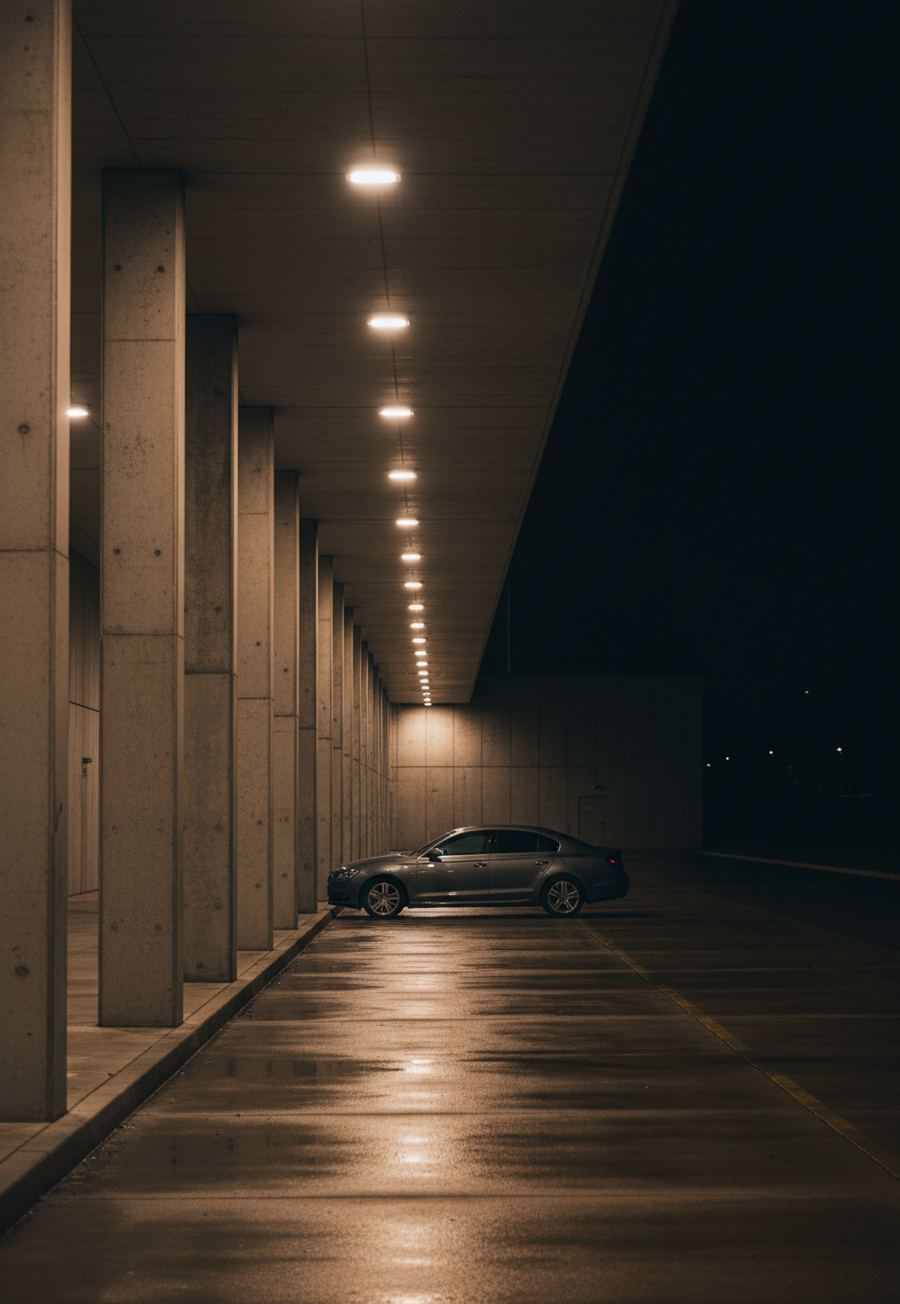 An empty wet lane runs beside tall concrete columns under a lit canopy at night, with a gray sedan parked at the far end